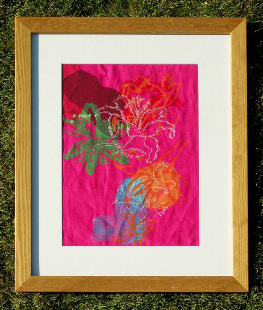 Framed Picture Pink fabric and Acrylics