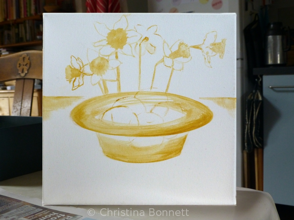 Tomatoes with daffs Sketch in yellow ochre