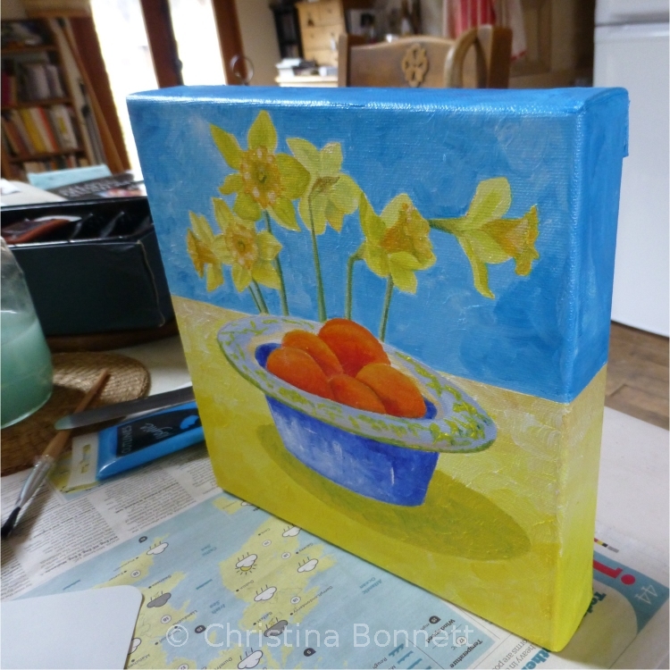 Deep canvas side painted Tomatoes with daffs
